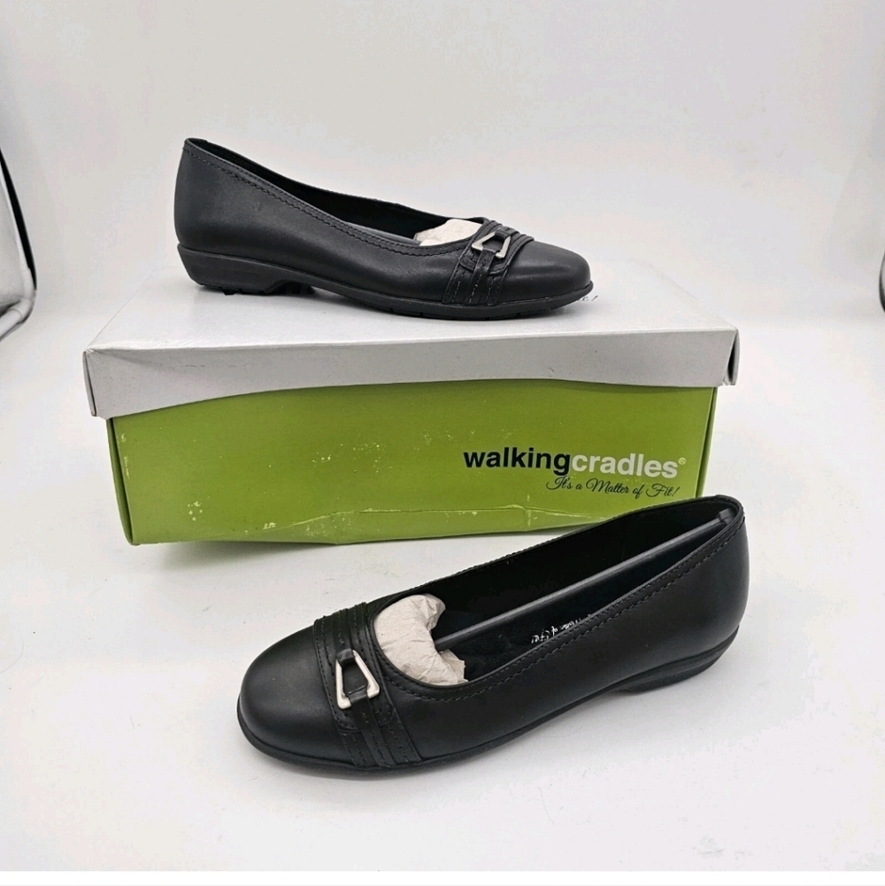 Walking Cradles Flynn Black Leather Slip On Ballet Flats Shoes Size 5